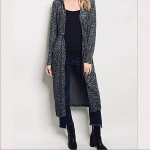 Marled hooded ribbed duster cardigan sweater